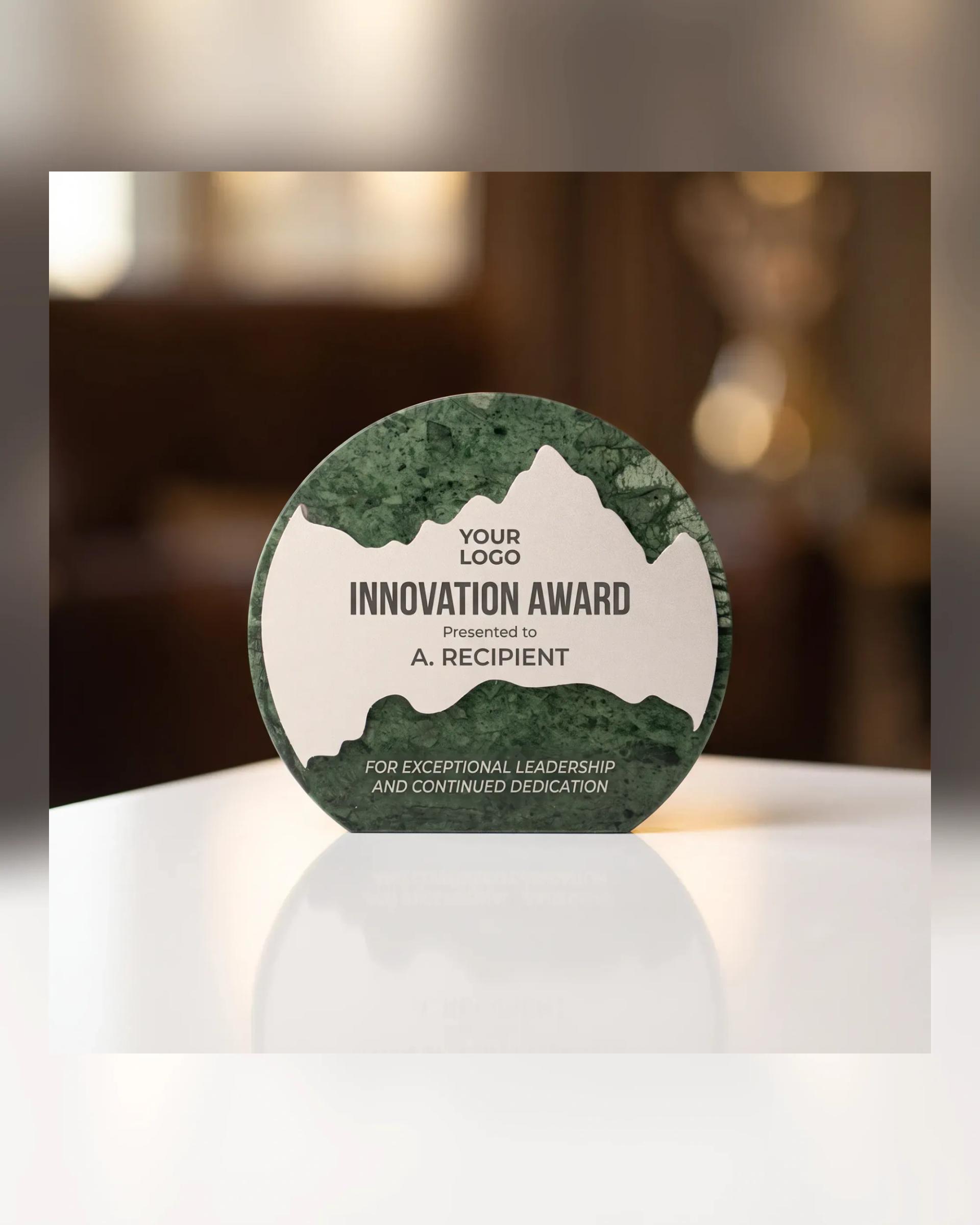 Dacali - Green Stone Round Plaque Award With Metal Plate