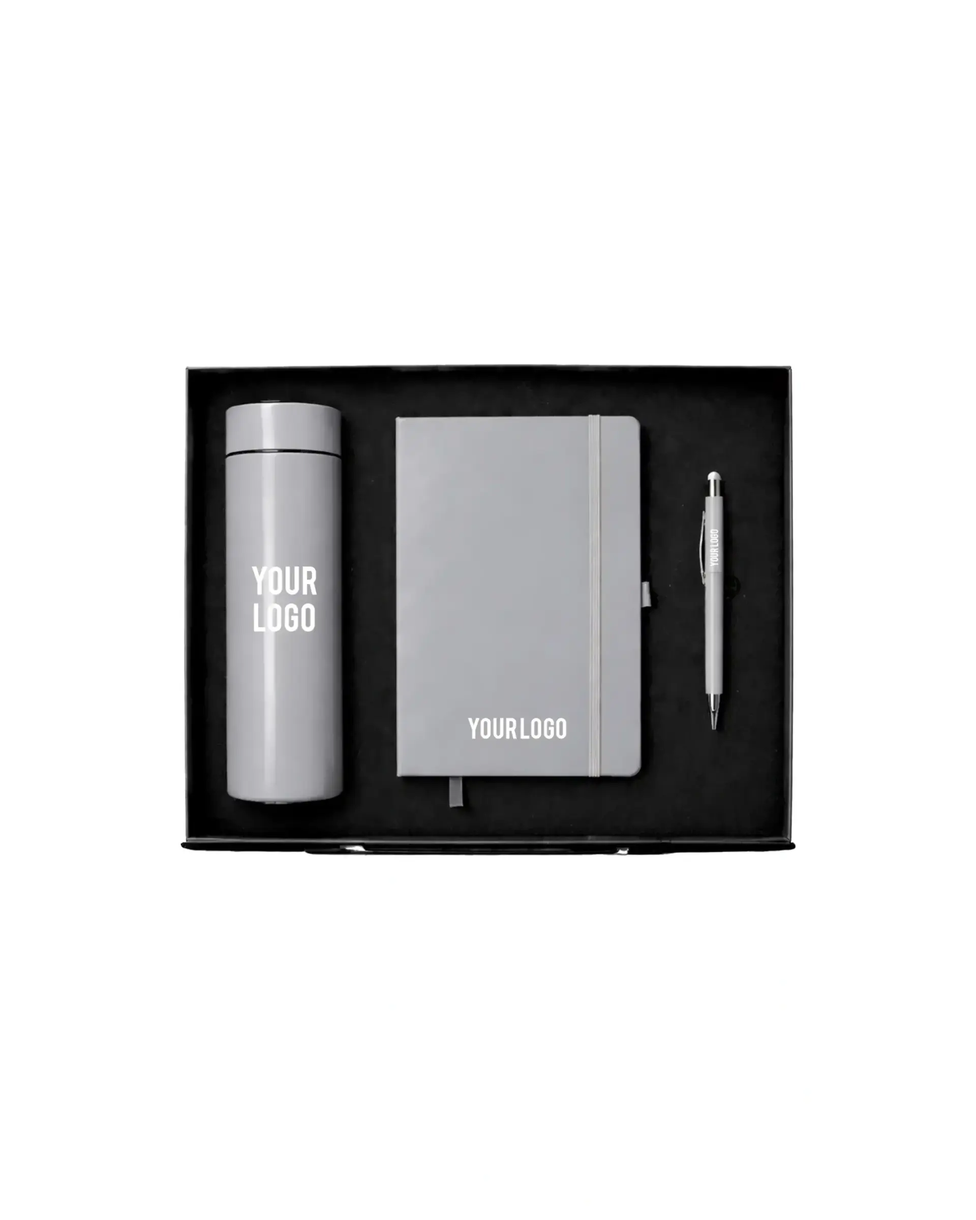 Gakoli - Classic Notebook, Metal Pen & Stainless Bottle Corporate Gift Set Gray