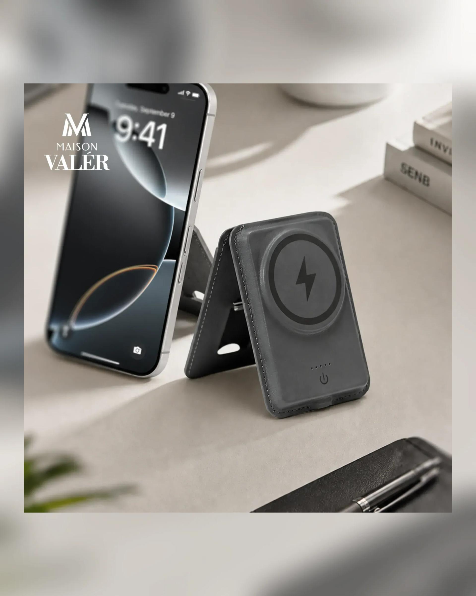 Fagici - Magnetic Foldable Power Bank Wallet 5000mAh with Card Holder & Stand Gray