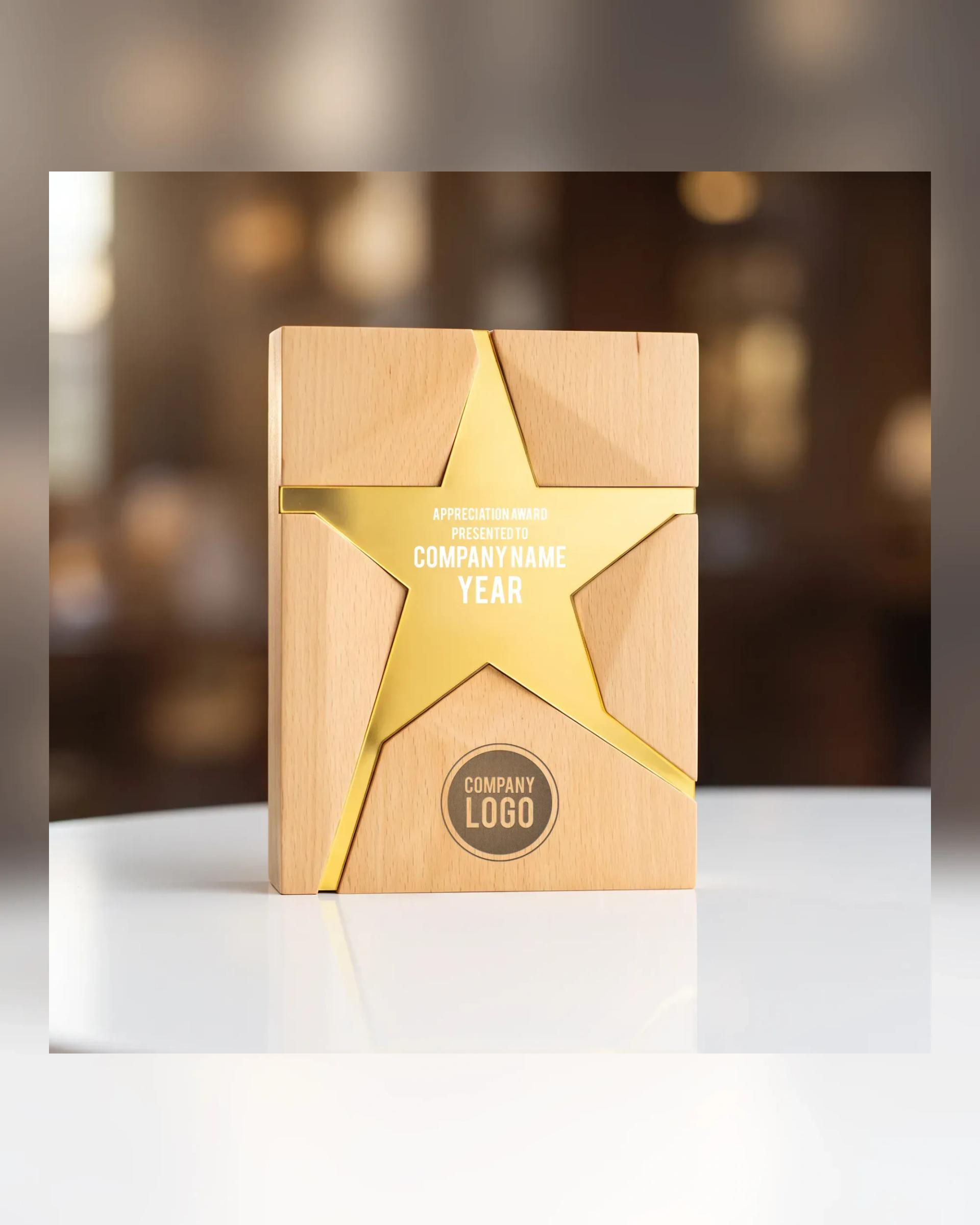 Dekaba - Wooden Trophy With Metal Star Gold