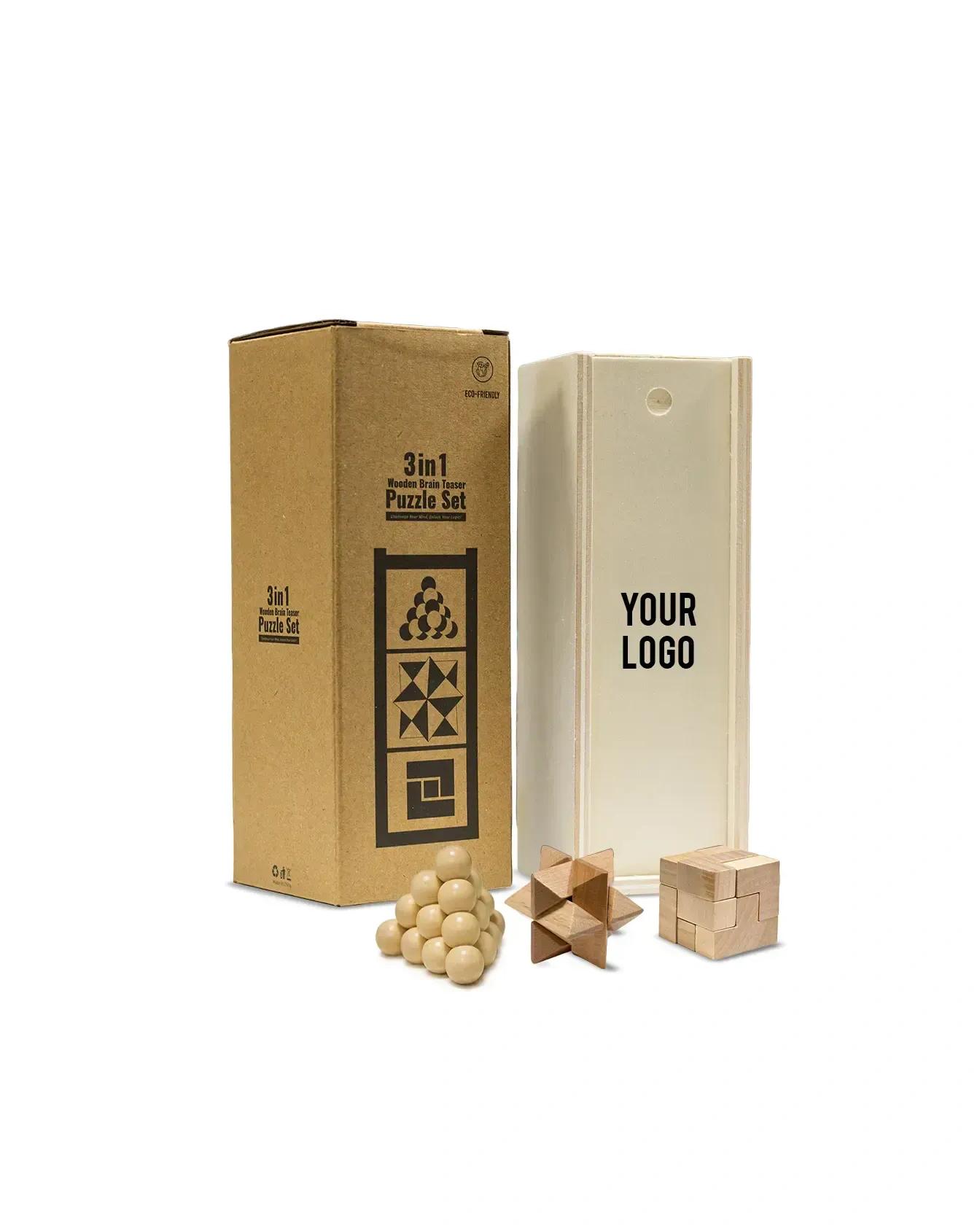 Begido - 3-in-1 Premium Wooden Brain Teaser Puzzle Set with Sliding Box