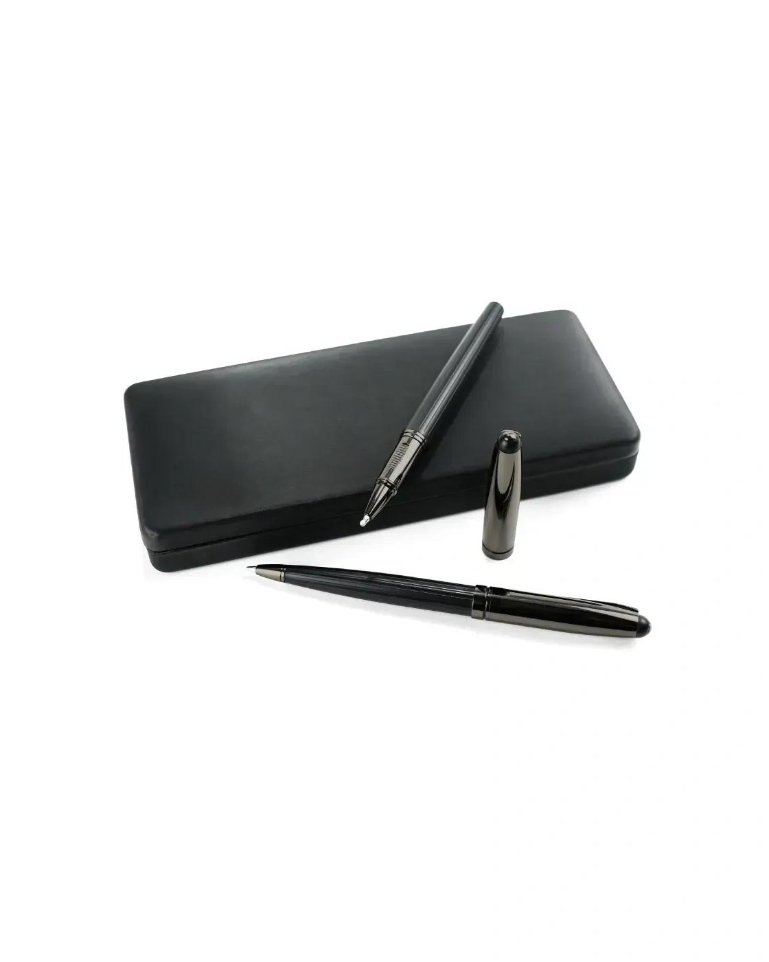 Dihege - Black Metal Pen Set with Matte & Glossy Finish in PU Leather Box