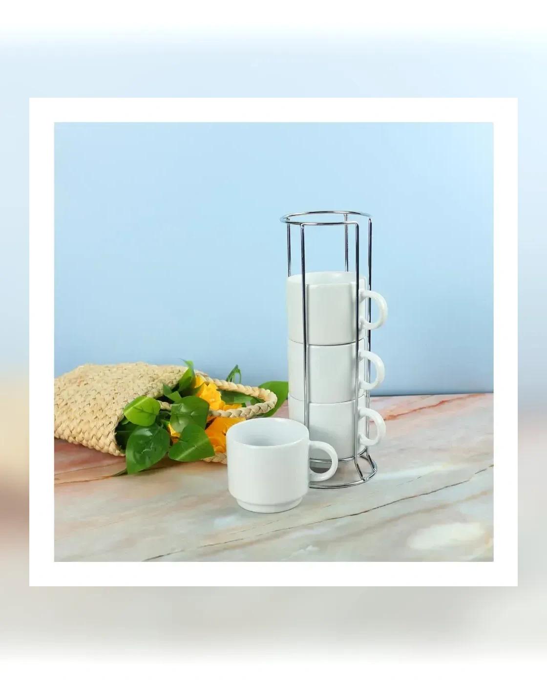 Cedege - Ceramic Coffee Cups Set 4Pcs in Silver Metal Rack