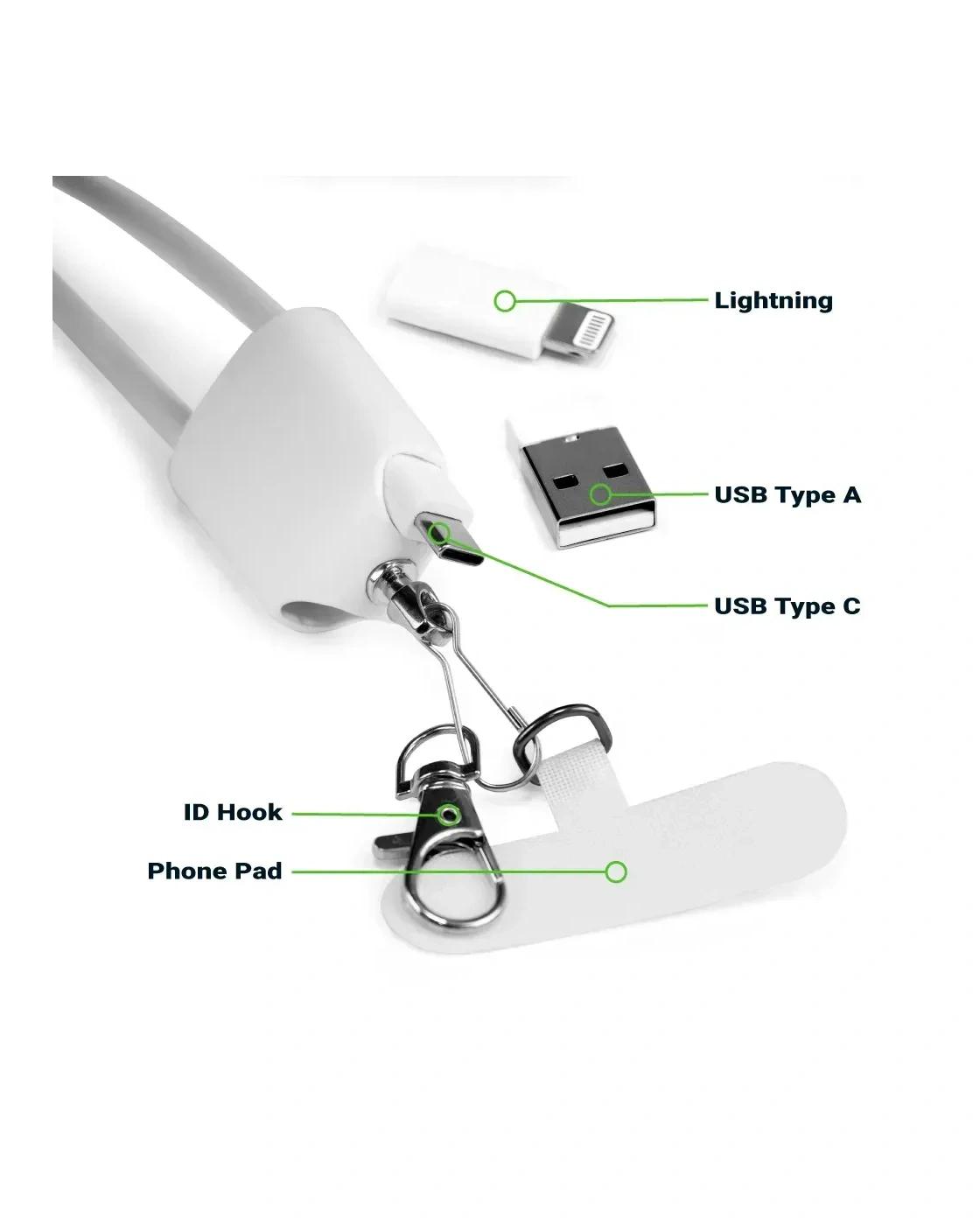 Ficada - 4 in 1 Lanyard Charging Cable 60W, 120cm Long with ID Hook & Phone Pad