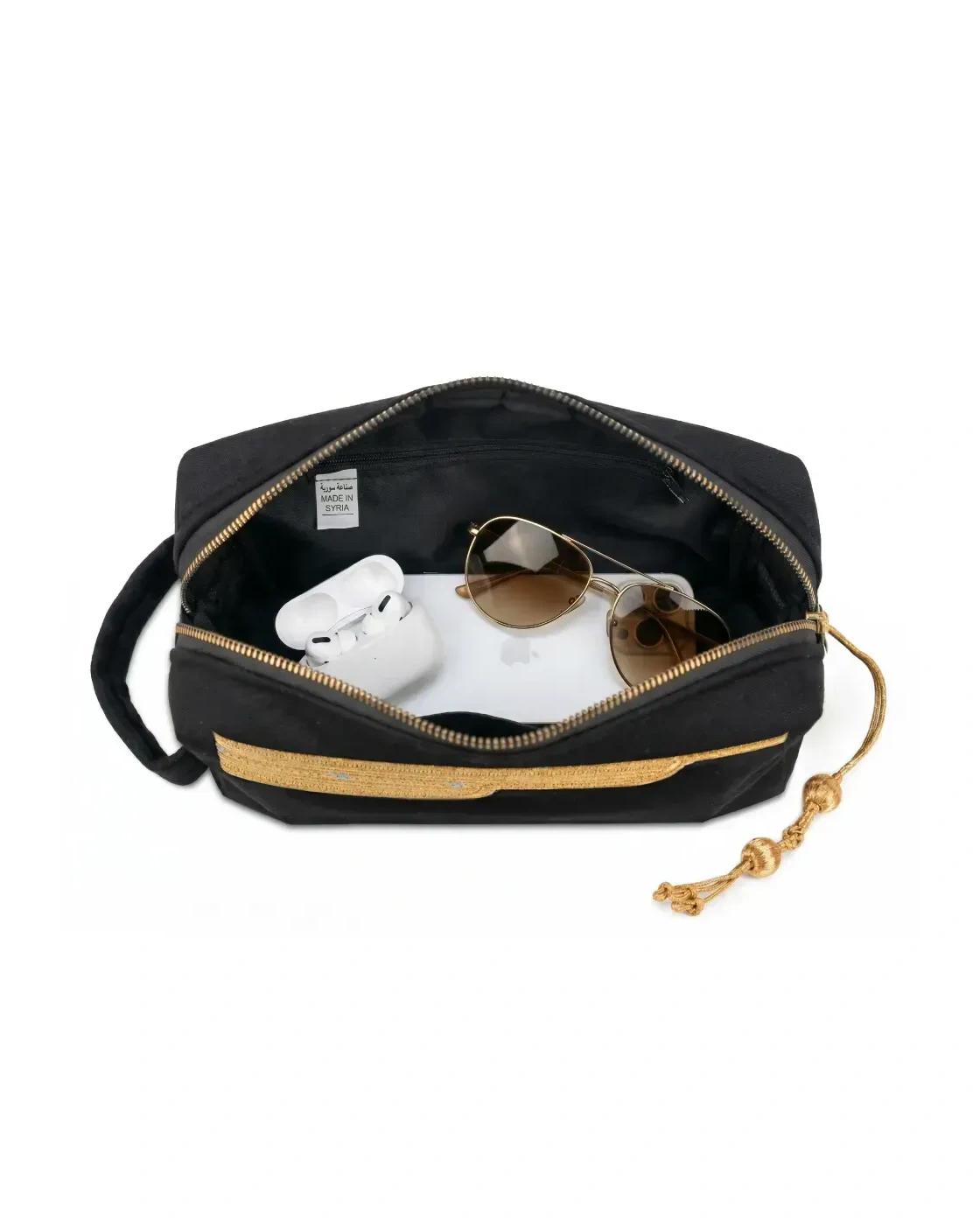 Giceha - Black Multi-Purpose Utility & Cosmetic Pouch with Bisht Embroidery
