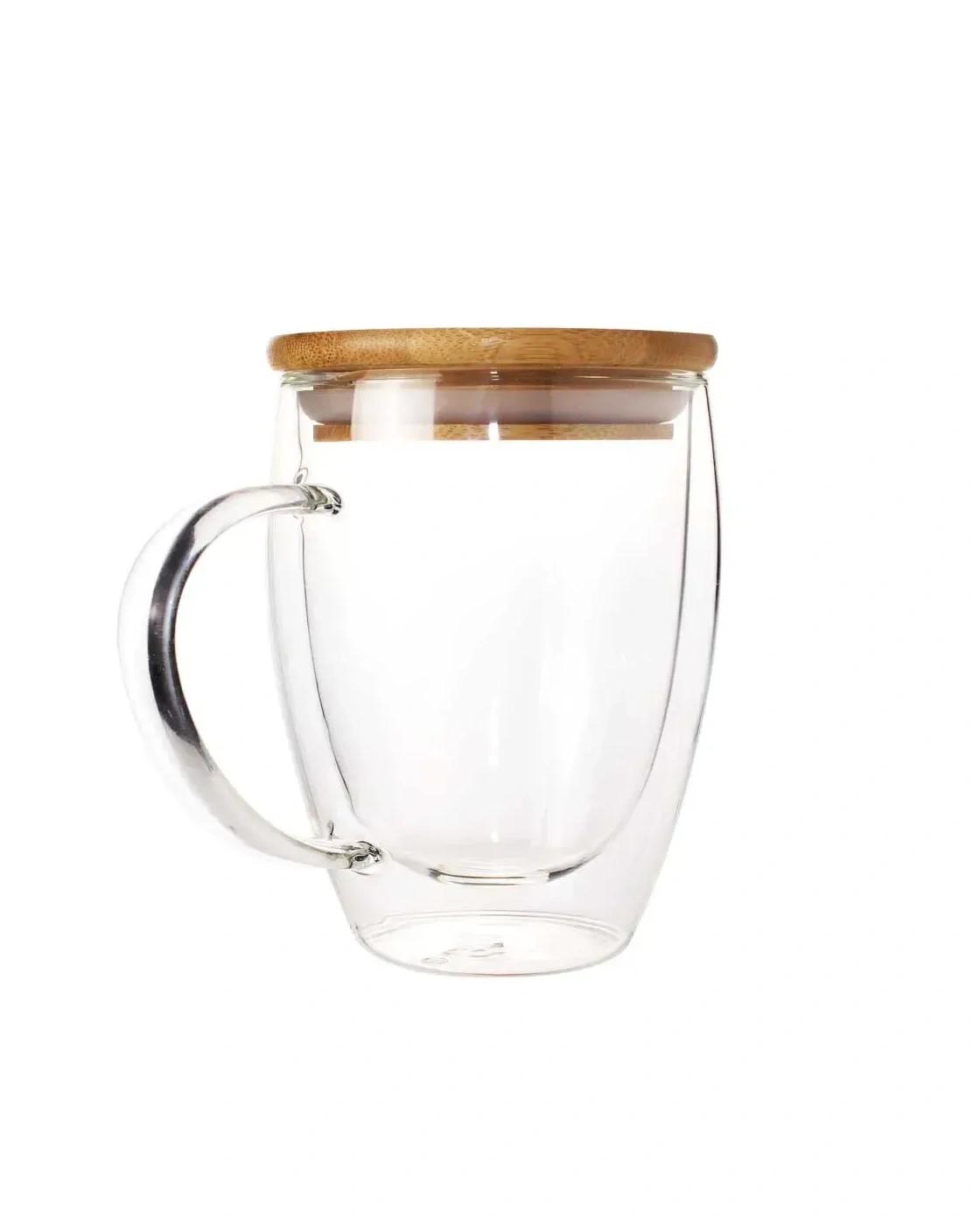 Dahifo - Double Wall Clear Glass Mug with Bamboo Lid
