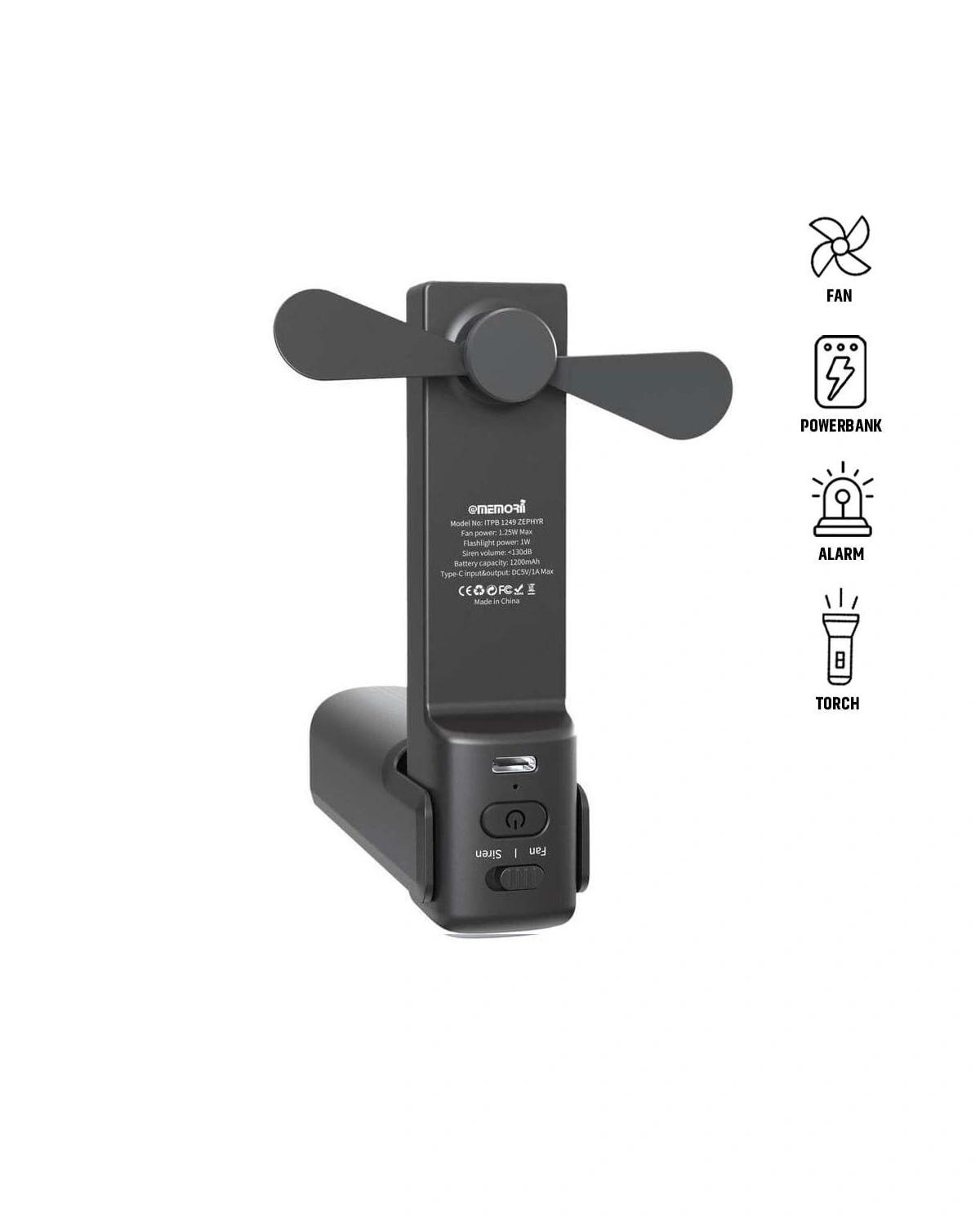 Fibiha - ZEPHYR - @memorii 4-in-1 Fan Powerbank, Safety Alarm & Torch - Black