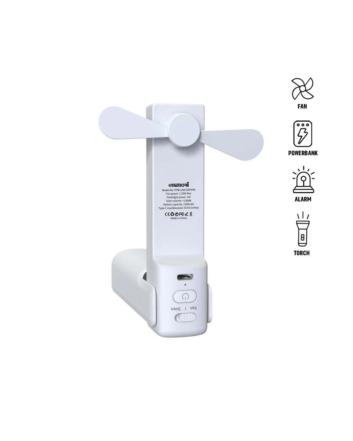 Hagede - ZEPHYR - @memorii 4-in-1 Fan Powerbank, Safety Alarm & Torch - White