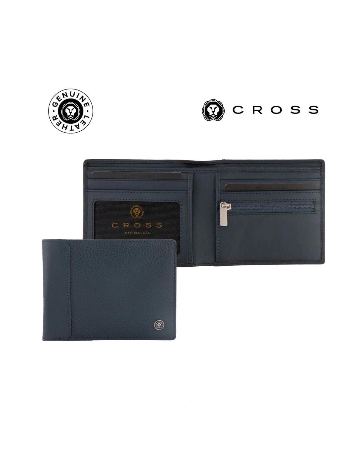 Higeca - CROSS Pebble Leather 6CC Classic Fold Wallet with 6CC Cardholder - Navy Blue