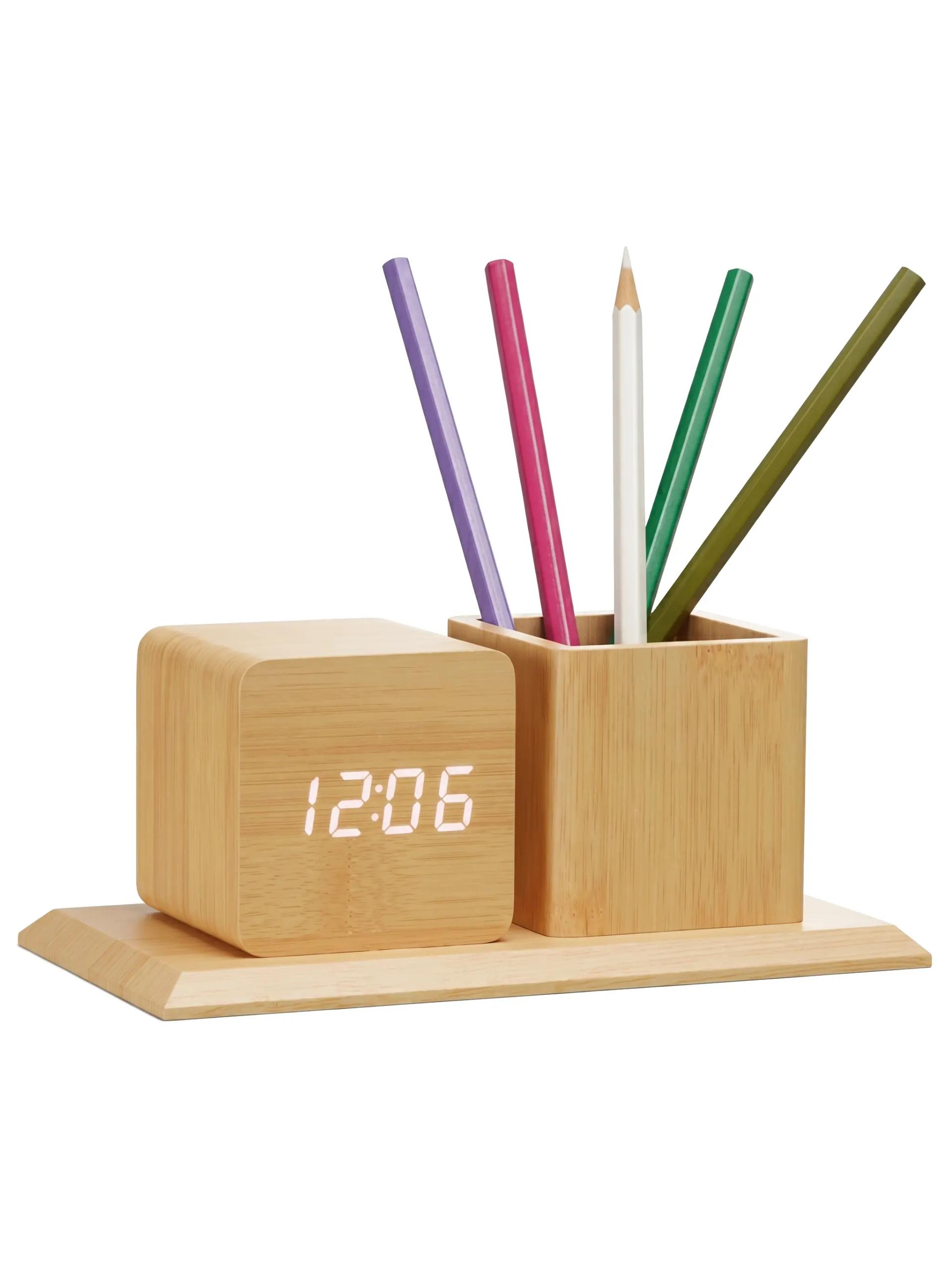 Sotisu - Mini Digital Wooden Alarm Clock with Integrated Pen Case