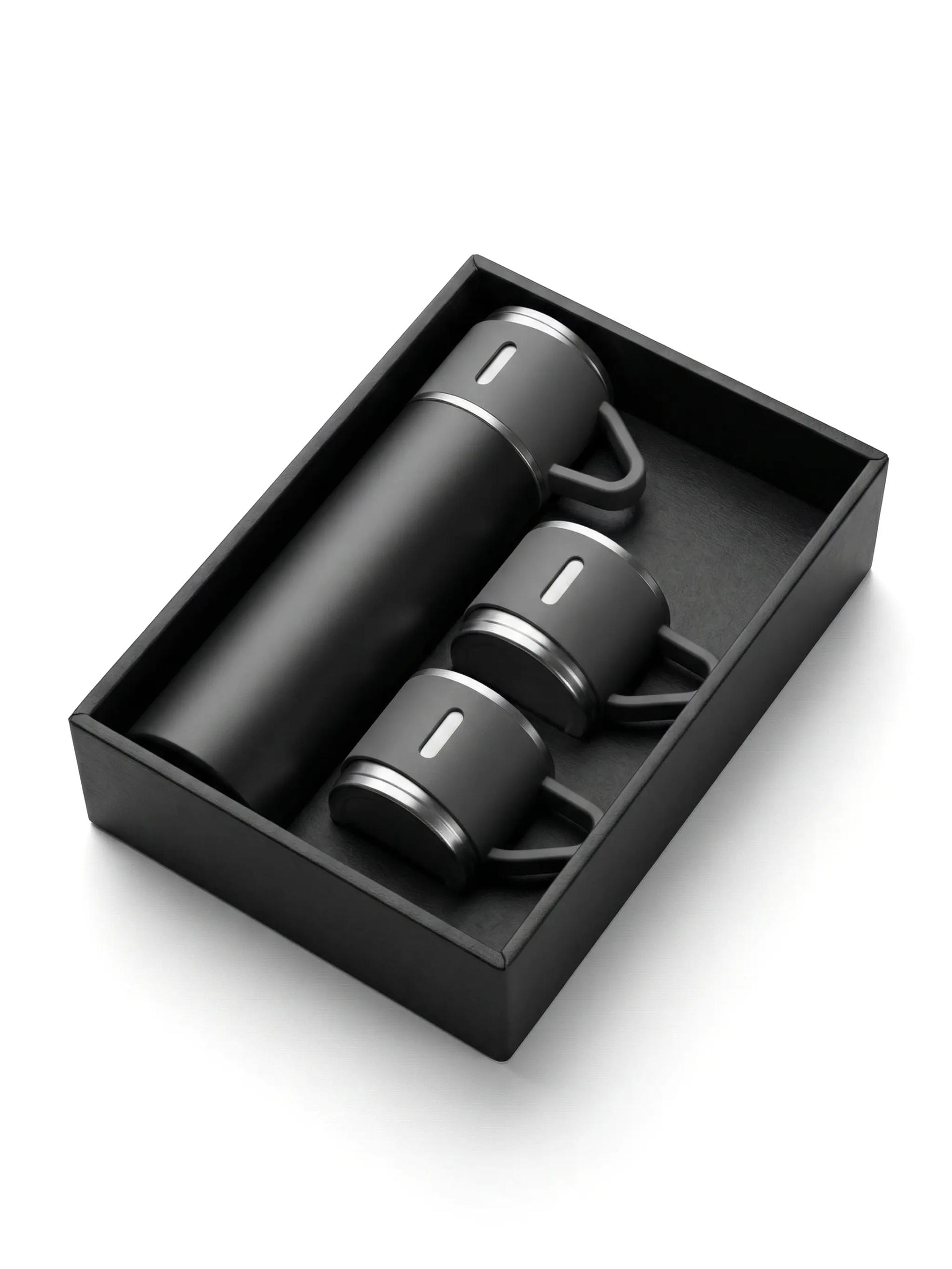 Vasusu - Family Set of Vacuum Flask & Two Cups - Black