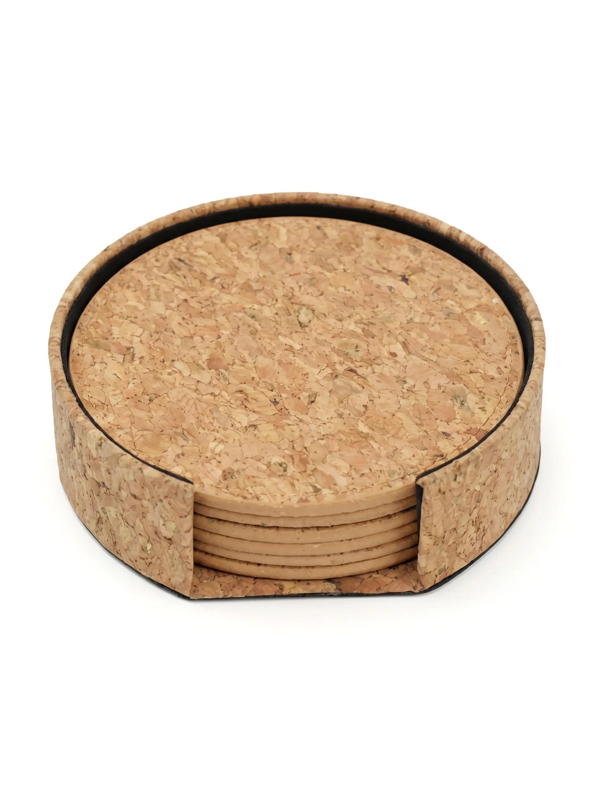 Valiki - Natural Round Cork Coaster Set of 6 with Holder