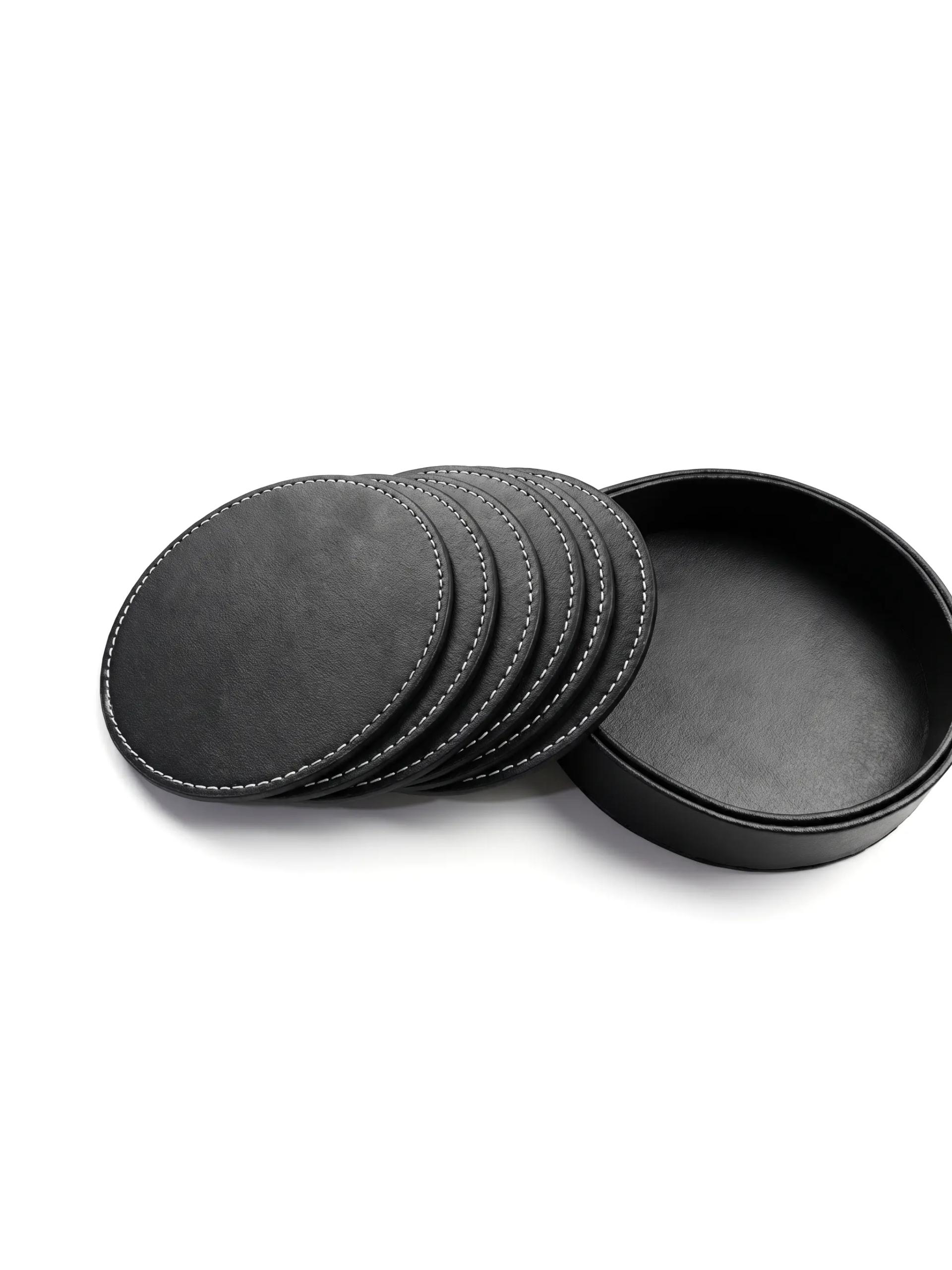 Vinico - Set of 6 PU Leather Coasters with Integrated Holder
