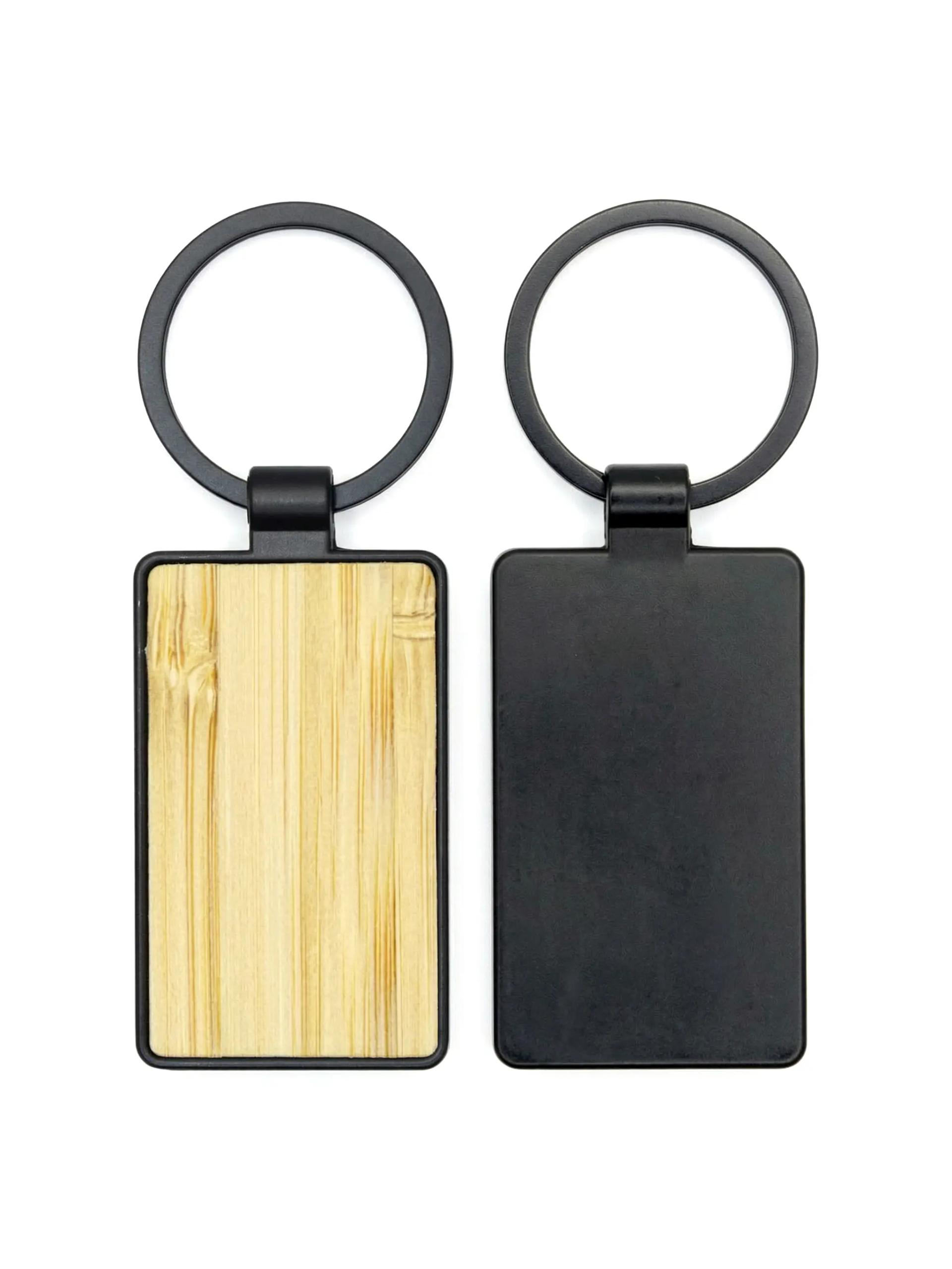 Oritop - Rectangular Bamboo and Polished Black Metal Keychain