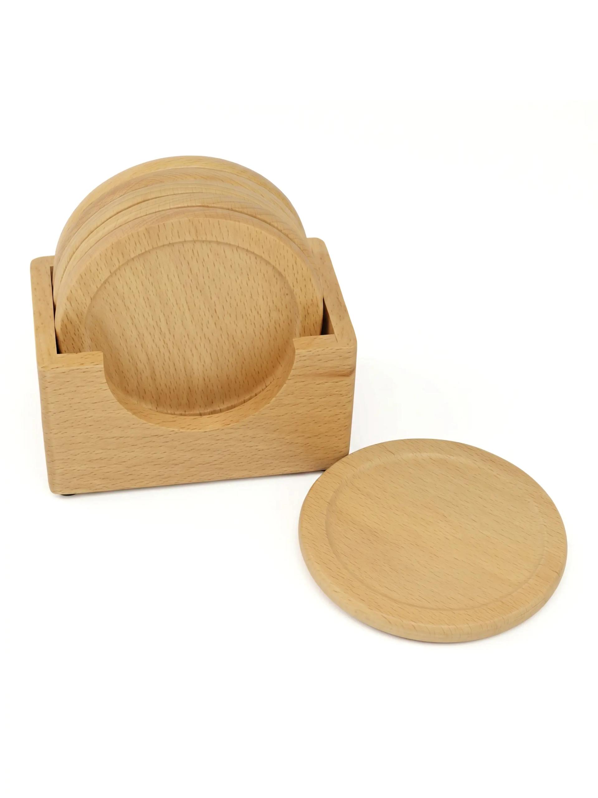 Vitacu - Round Wooden Coaster Set of 6 with Desktop Holder