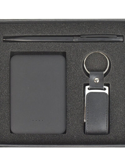 Premium Promotional Gift Set - Slim Metal Pen, Leather USB Flash Drive & Light-Up Logo Power Bank - Image 1