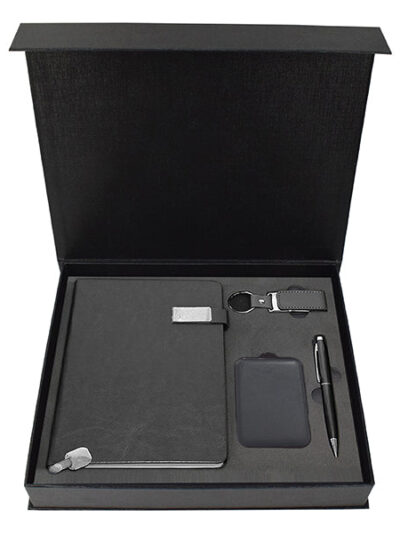 Promotional Gift Set – Blue PU Notebook, Leather USB Drive, Stylus Pen & Powerbank - Image 1