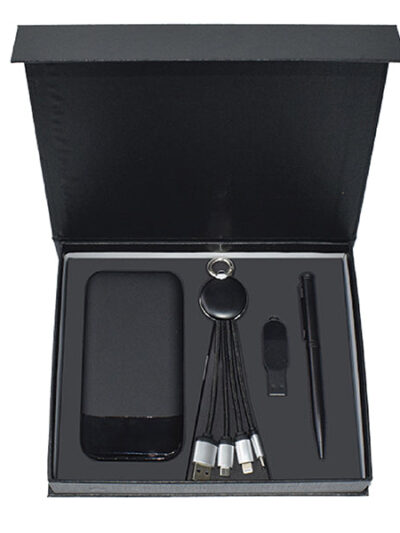 Promotional Gift Set – Light-Up Logo Power Bank, Slim LED USB Flash Drive, 3-in-1 Charging Cable & Slim Metal Pen