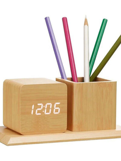 Bamboo Pen Holder with LCD Digital Clock - Image 1