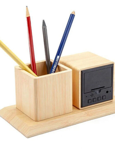 Bamboo Pen Holder with LCD Digital Clock - Image 2