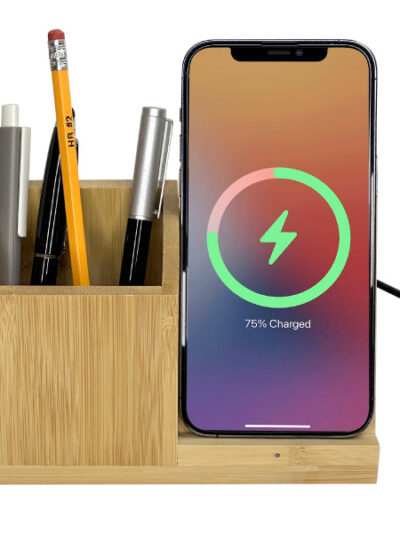 Bamboo Wireless Charger Pen Holder - Image 1
