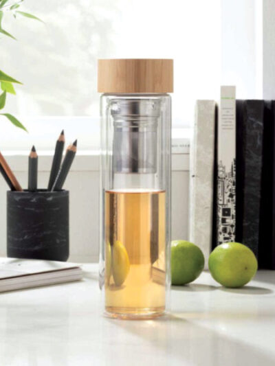Double Wall Glass Insulation Bottle – 750ml, Wooden Cap - Image 2