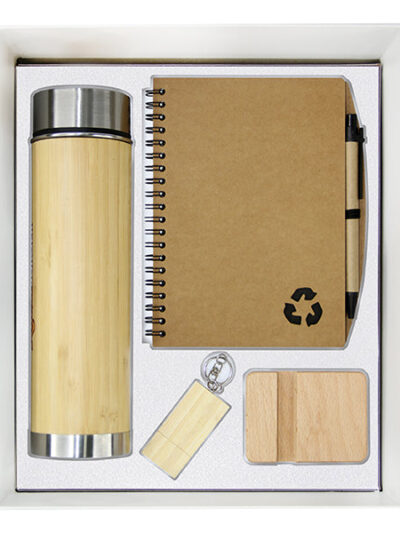 Eco-Friendly Gift Set – Bamboo LED Display Bottle, Wooden USB Flash Drive, Eco Notebook & Wooden Mobile Stand