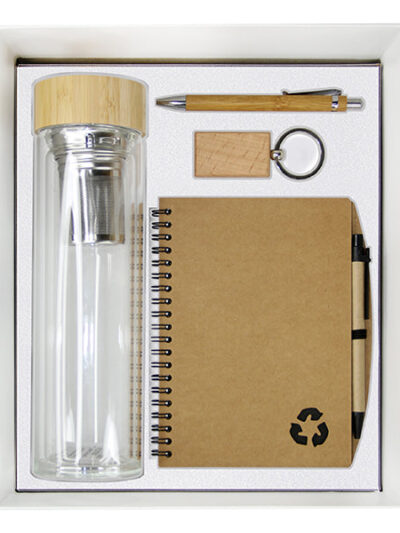 Eco-Friendly Gift Set – Glass Bamboo Lid Drinkware, Wooden Pen, Keychain & Eco-Friendly Notebook - Image 1