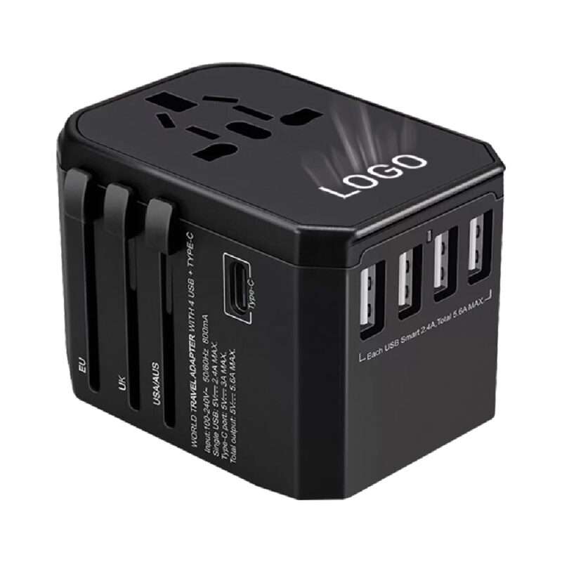 Light-Up Logo Universal Travel Adapter – Type-C + 4 USB - Image 1