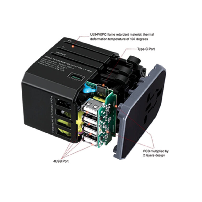 Light-Up Logo Universal Travel Adapter – Type-C + 4 USB - Image 2