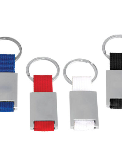 Metal Keychain with Colored Fabric Strap – Matte Silver Finish - Image 1
