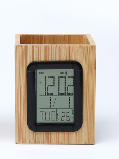 Mini Wooden Digital Alarm Clock with Pen Holder - Image 1