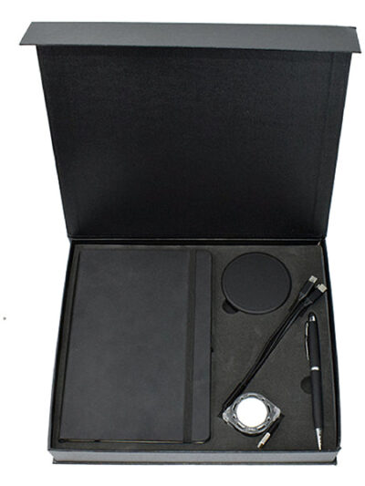 Promotional Gift Set – A5 Notebook, Metal Pen Stylus, 3-in-1 Charging Cable & Fast Wireless Charger with Light-Up Logo