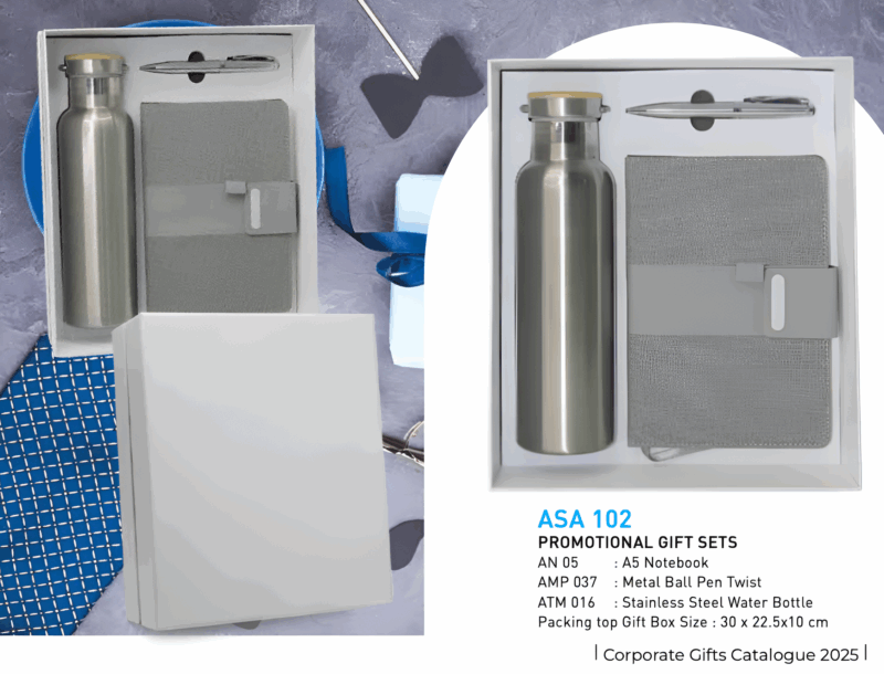 Promotional Gift Set – A5 Notebook, Metal Twist Pen & Stainless Steel Water Bottle - Image 1