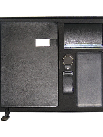 Promotional Gift Set – A5 PU Notebook, Business Card Holder, Leather & Metal USB Flash Drive & Slim Power Bank - Image 1