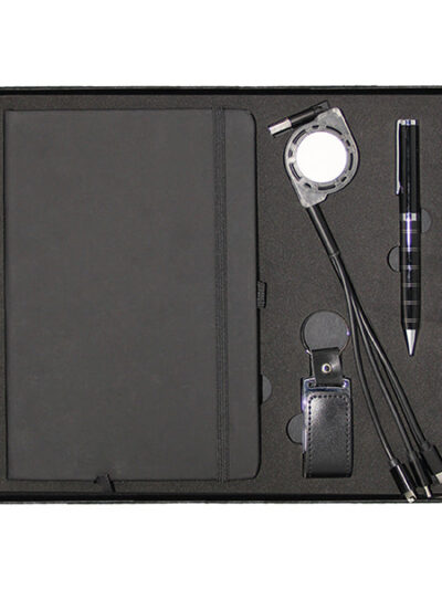 Promotional Gift Set – A5 PU Notebook, Flexible 3-in-1 USB Charging Cable, Leather & Metal USB Flash Drive, Metal Twist Pen - Image 1