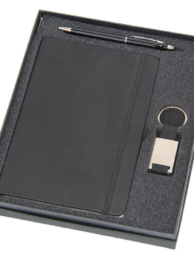 Promotional Gift Set – Black PU Notebook, Metal Pen & Keychain - Image 1