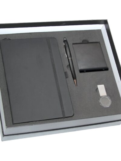 Promotional Gift Set – Black PU Notebook, Mobile Stand, Stylus Pen & Crystal USB - Image 1