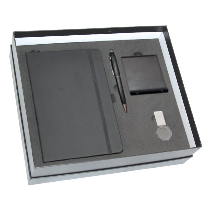 Promotional Gift Set – Black PU Notebook, Mobile Stand, Stylus Pen & Crystal USB - Image 1