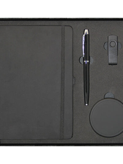 Promotional Gift Set – Black PU Notebook, Wireless Charger, Pen & USB Drive - Image 1