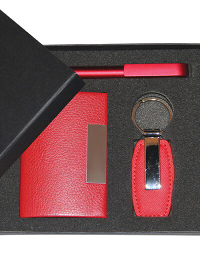Promotional Gift Set – Business Card Holder, Metal Leather Keychain & Stylus Pen
