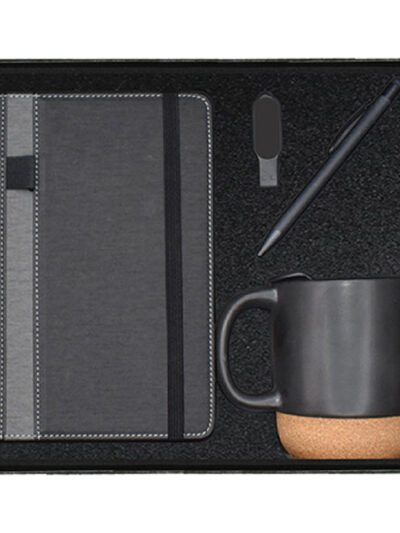 Promotional Gift Set – Ceramic Mug with Cork Bottom, Slim LED USB Flash Drive, Stylus Pen & Notebook - Image 1
