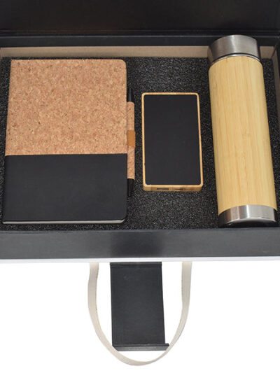 Promotional Gift Set – Cork A5 Notebook, Bamboo Power Bank & LED Temperature Bottle