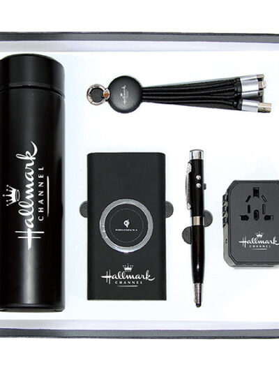 Promotional Gift Set – Drinkware, Powerbank, Laser USB Pen, Charging Cable & Travel Adapter