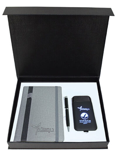Promotional Gift Set – Grey A5 Notebook, Metal Pen & Light-Up Logo Power Bank - Image 1