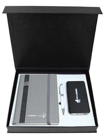 Promotional Gift Set – Grey A5 Notebook, Metal Twist Ball Pen & Light-Up Logo Power Bank - Image 1