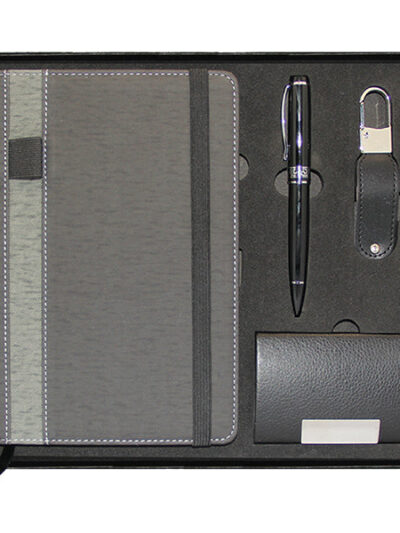 Promotional Gift Set – Grey Notebook, Card Holder, Pen Twist & Leather USB Drive - Image 1