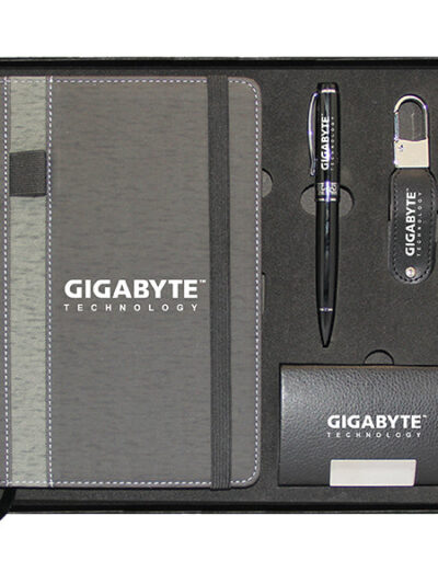 Promotional Gift Set – Grey Notebook, Card Holder, Pen Twist & Leather USB Drive - Image 2