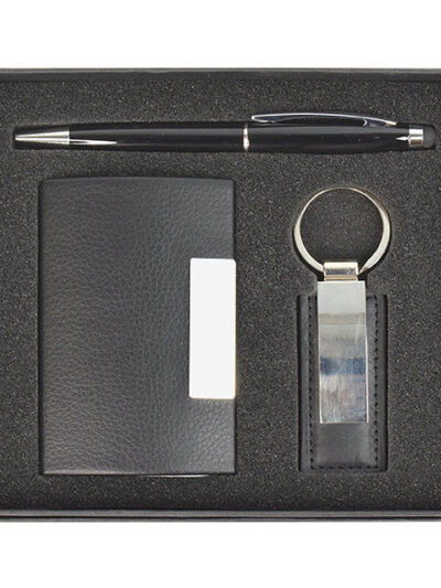 Promotional Gift Set – Leather Keychain, Red Plastic Pen & Business Card Holder - Image 1