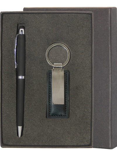 Promotional Gift Set – Metal Pen with Stylus & Metal-Leather Keychain
